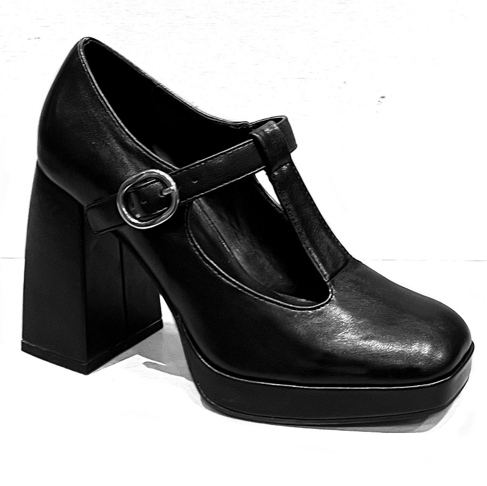 New Black Mary Jane T-Strap Platform Chunky Heel Pumps